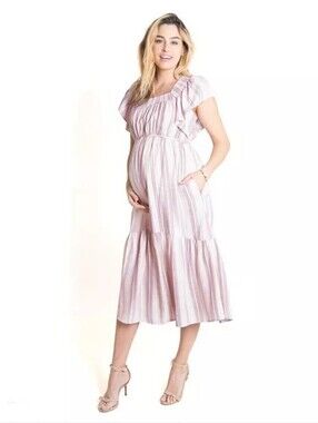 Ingrid & Isabel Flutter Sleeve Maternity MIDI Dress -Pink nude stripe sz Small